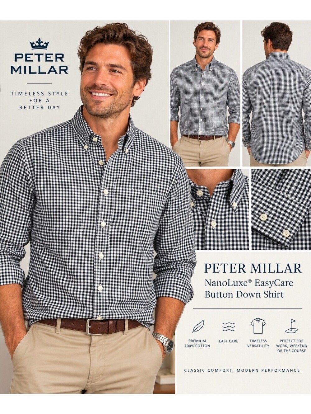 Peter Millar NanoLuxe EasyCare Men’s XXL Black White Gingham Check Button Up